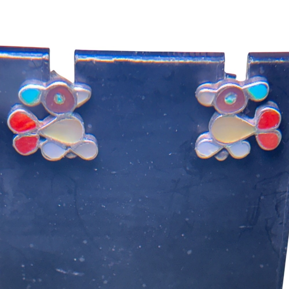 Zuni Sterling Silver Turquoise Coral Mother of Pearl Roadrunner Stud Earrings